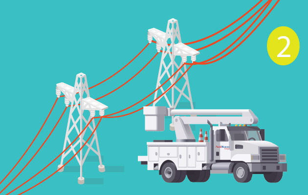 A graphic of a bucket truck near transmission lines